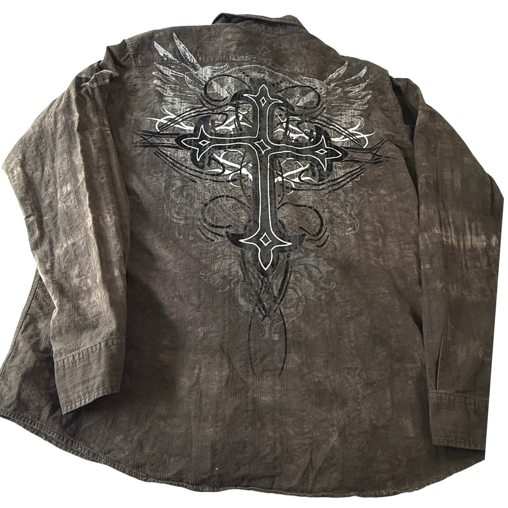 Helix Mens Gothic Cross Graphic Acid Wash Long Sleeve Button Down Shirt 2XL